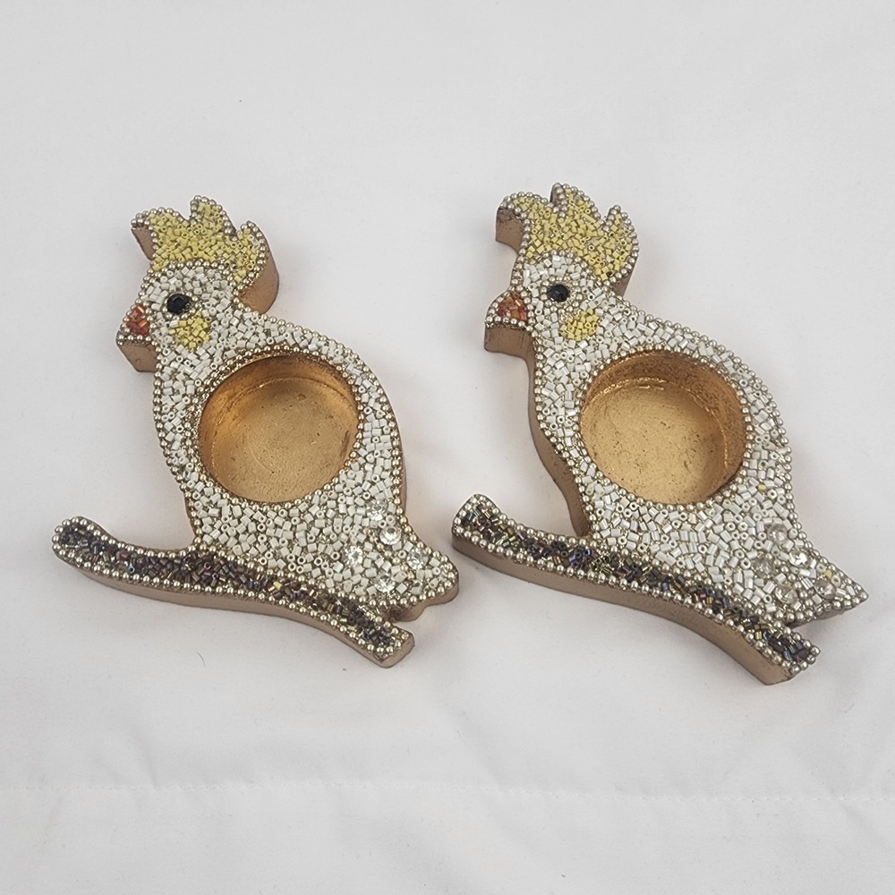 Set Of 2 Pier 1 Imports beaded Cockatiel Bird tea light holder Trinket Dish Gold